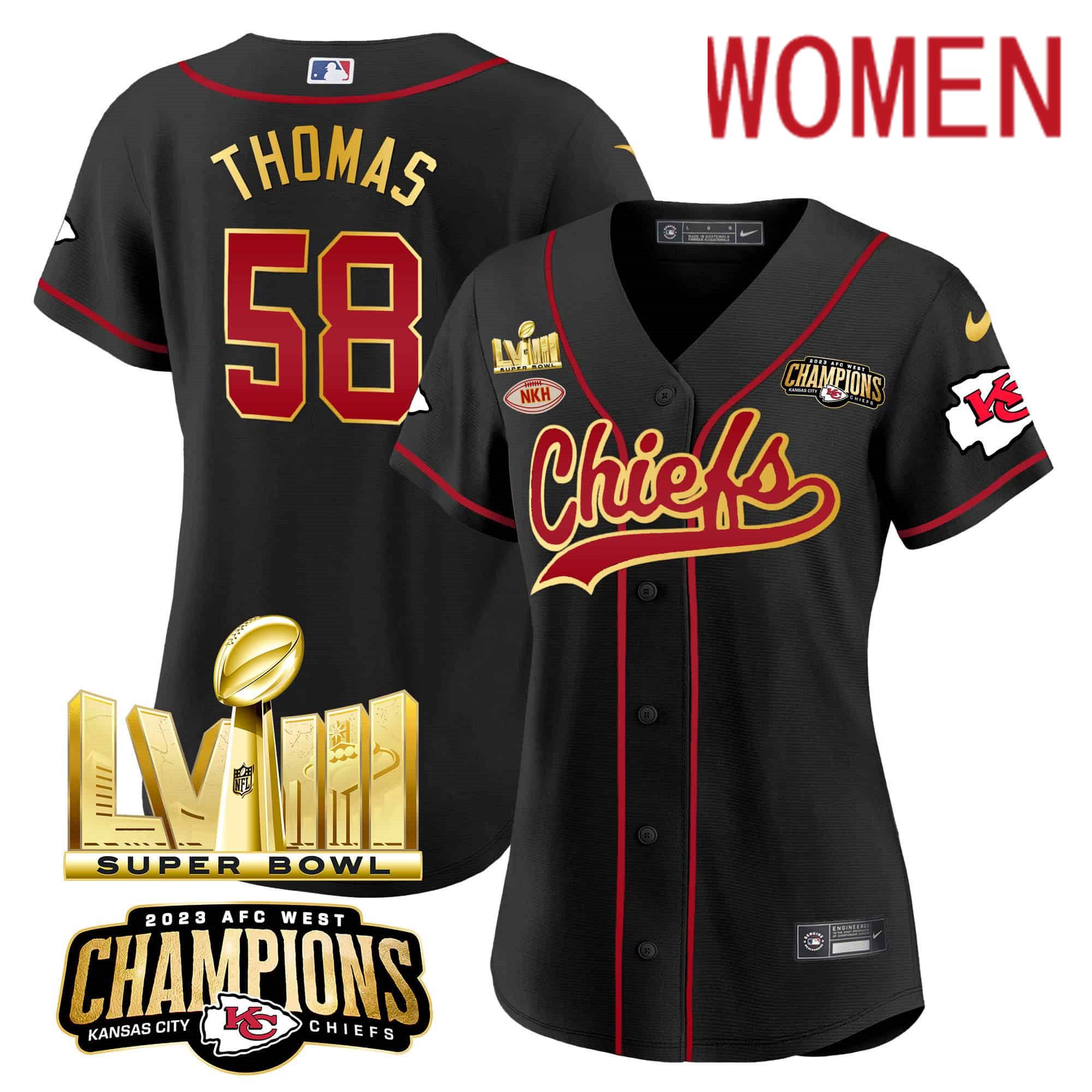 Women Kansas City Chiefs #58 Thomas Black 2024 Nike Super Bowl LVIII Back-2-Back Gold Patch Baseball NFL Jersey->women nfl jersey->Women Jersey